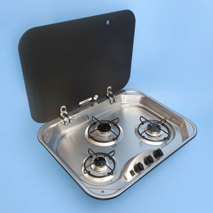 camec 3 burner gas cooktop with glass lid